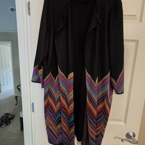Misook Women's Knee Length 3X  Cardigan Black on Top and Colorful Geometric
